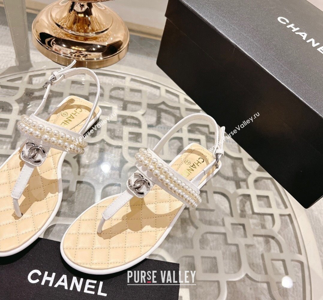 Chanel Heel 3cm Lambskin CC Logo and Pearl Thong Sandals White 2024 (modeng-24011842)