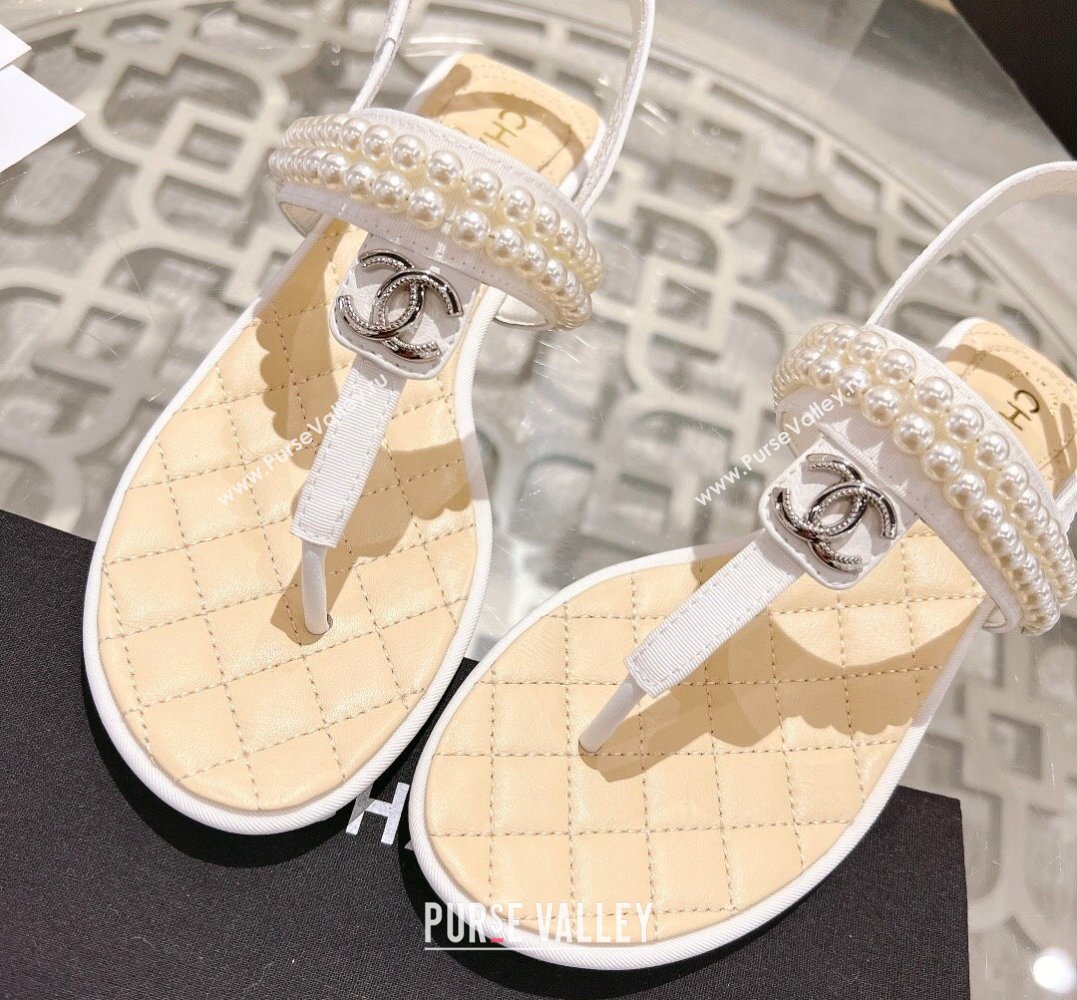 Chanel Heel 3cm Lambskin CC Logo and Pearl Thong Sandals White 2024 (modeng-24011842)