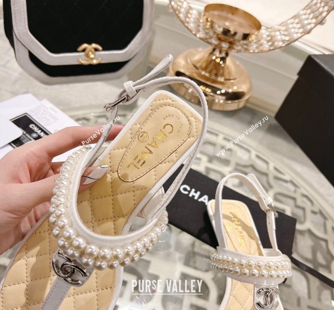 Chanel Heel 3cm Lambskin CC Logo and Pearl Thong Sandals White 2024 (modeng-24011842)