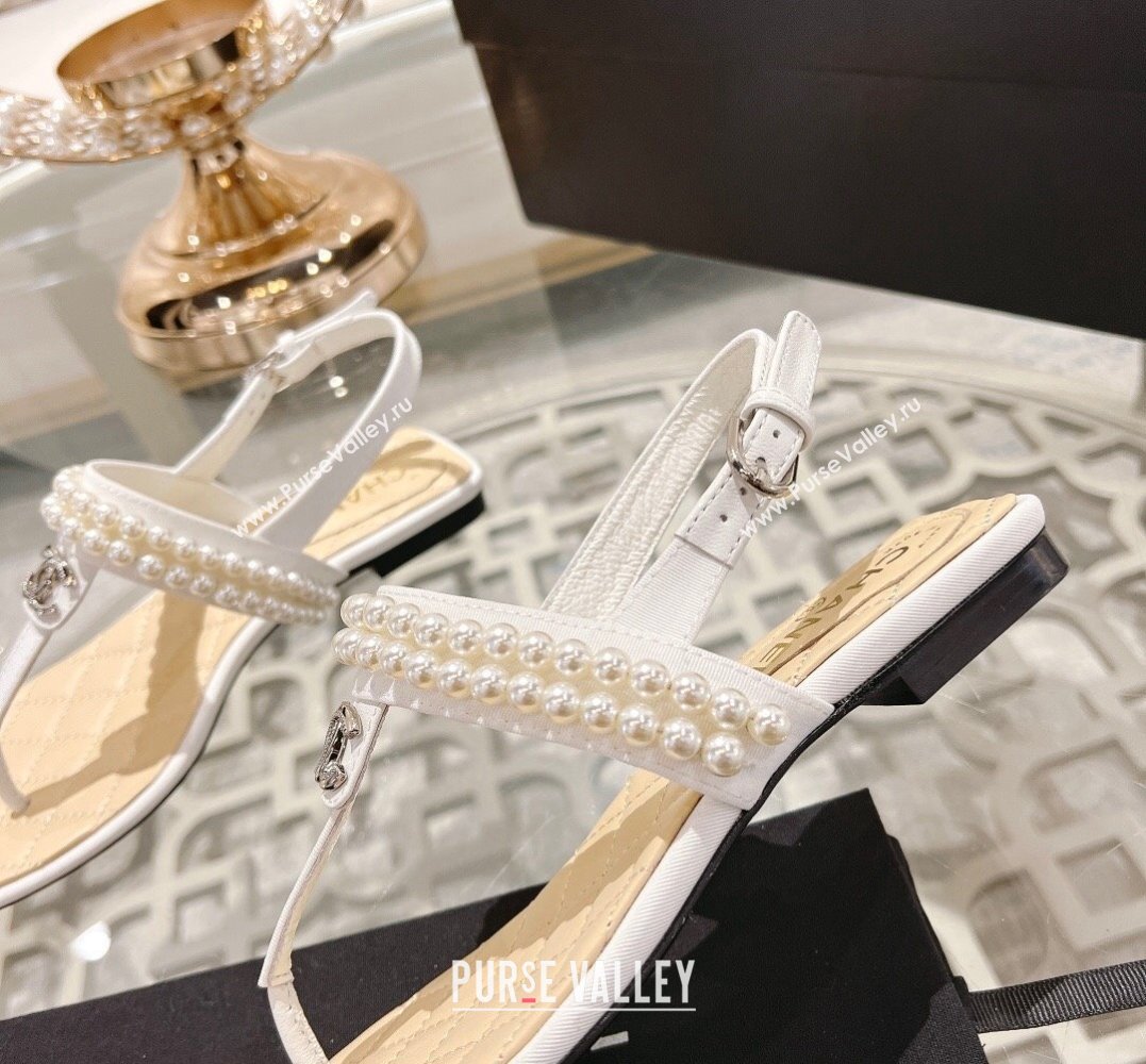 Chanel Heel 3cm Lambskin CC Logo and Pearl Thong Sandals White 2024 (modeng-24011842)