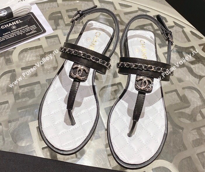 Chanel Lambskin CC Logo Chain Thong Sandals Black 2024 (modeng-24011837)