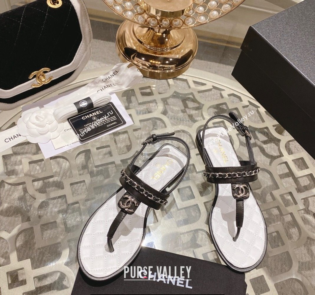 Chanel Lambskin CC Logo Chain Thong Sandals Black 2024 (modeng-24011837)