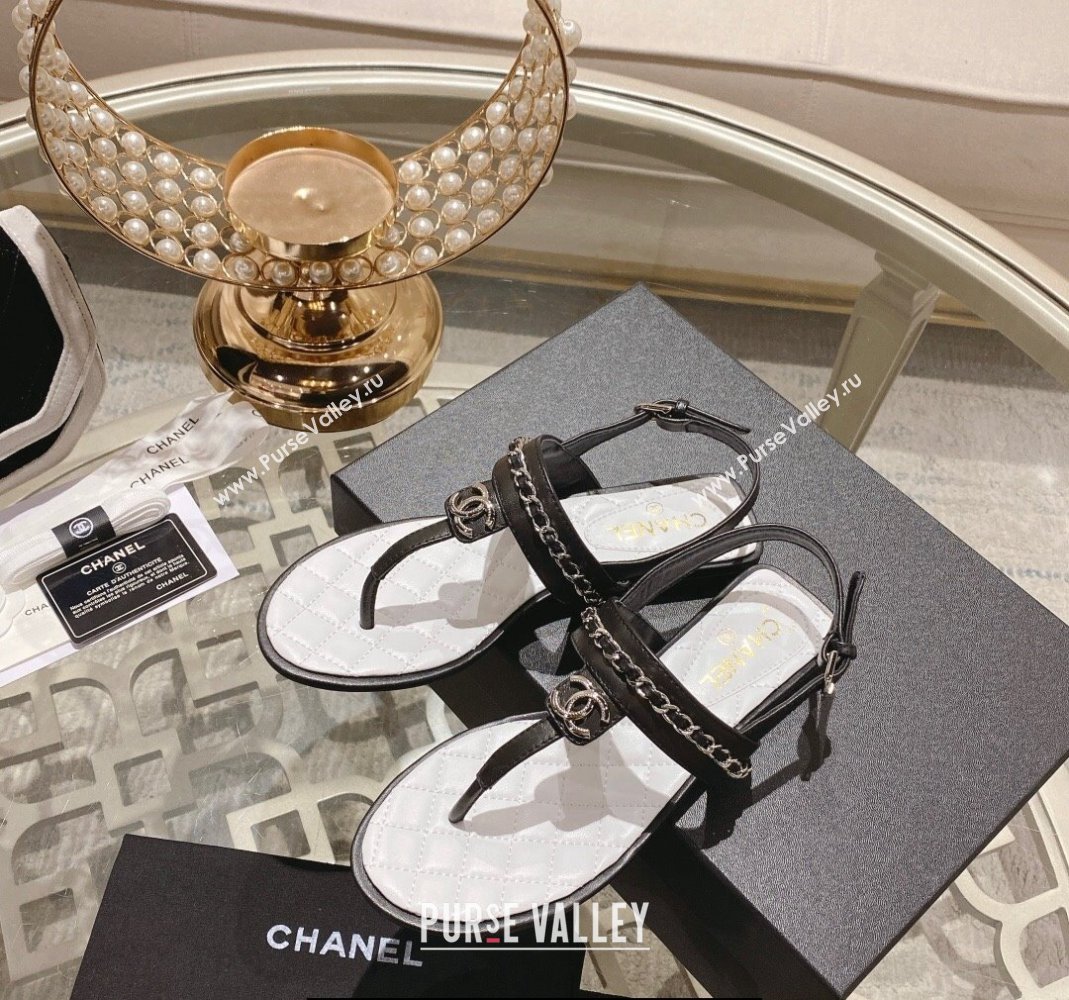 Chanel Lambskin CC Logo Chain Thong Sandals Black 2024 (modeng-24011837)