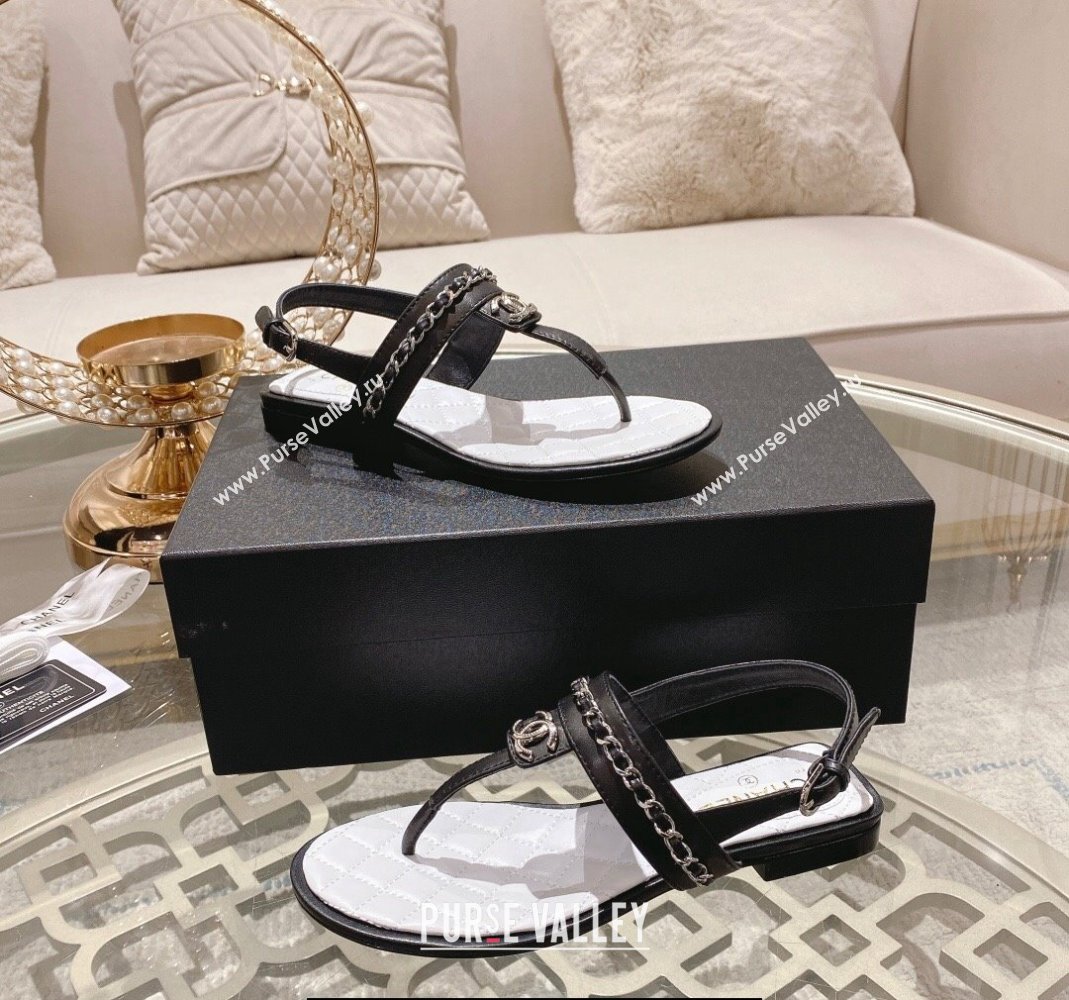 Chanel Lambskin CC Logo Chain Thong Sandals Black 2024 (modeng-24011837)