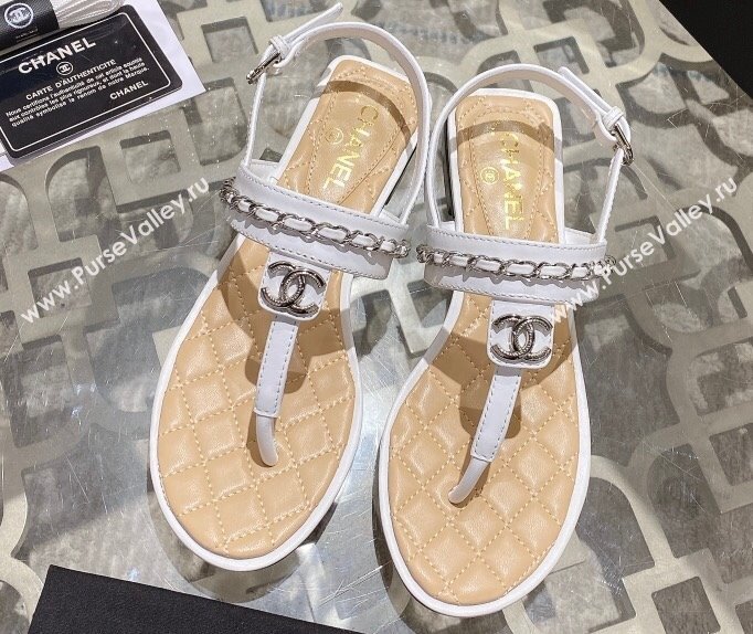 Chanel Lambskin CC Logo Chain Thong Sandals White 2024 (modeng-24011838)