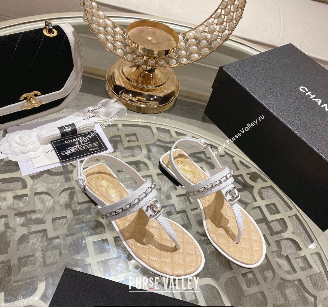 Chanel Lambskin CC Logo Chain Thong Sandals White 2024 (modeng-24011838)