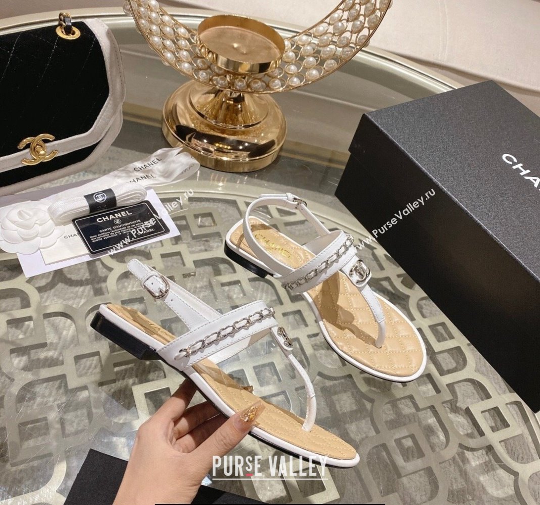 Chanel Lambskin CC Logo Chain Thong Sandals White 2024 (modeng-24011838)