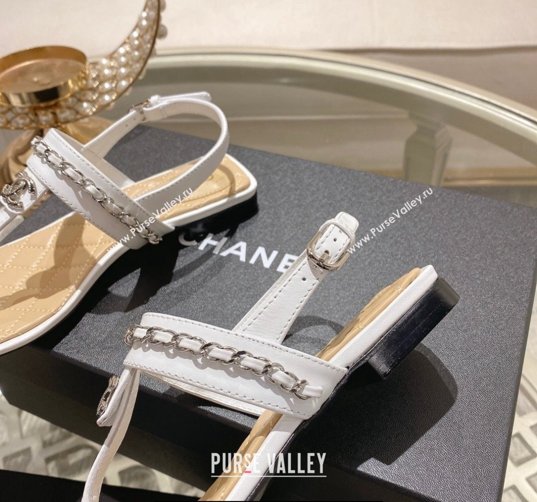 Chanel Lambskin CC Logo Chain Thong Sandals White 2024 (modeng-24011838)