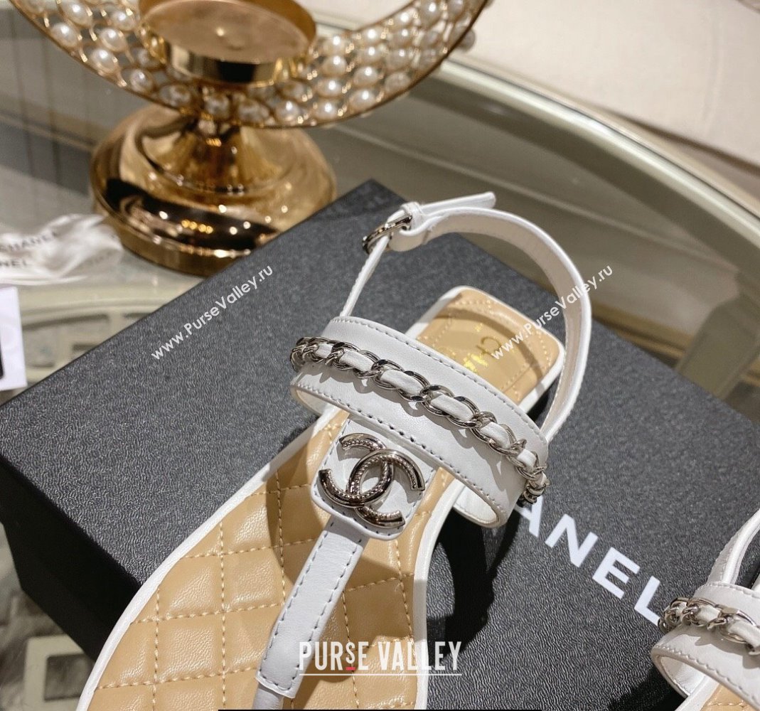 Chanel Lambskin CC Logo Chain Thong Sandals White 2024 (modeng-24011838)