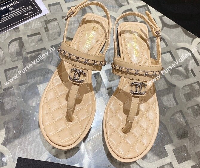 Chanel Lambskin CC Logo Chain Thong Sandals Beige 2024 (modeng-24011839)