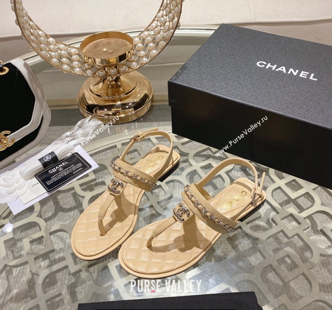 Chanel Lambskin CC Logo Chain Thong Sandals Beige 2024 (modeng-24011839)