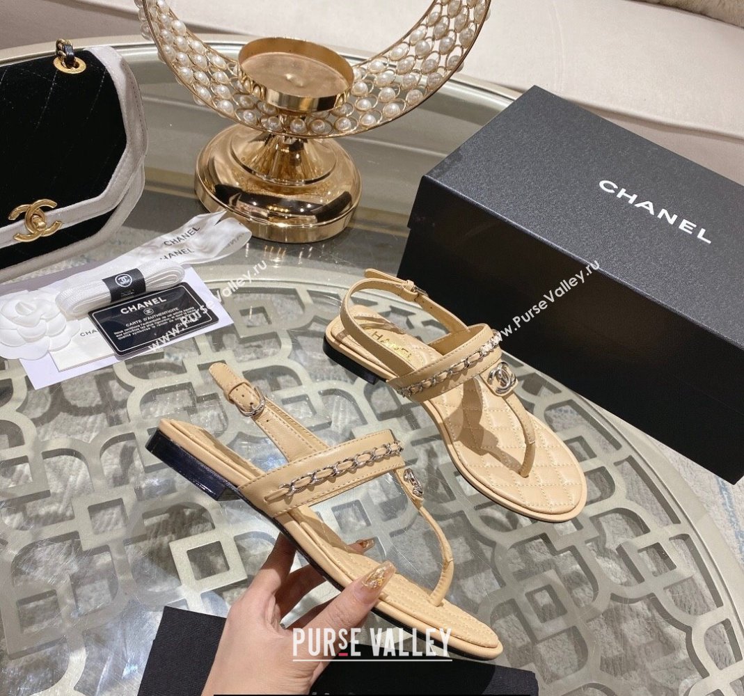 Chanel Lambskin CC Logo Chain Thong Sandals Beige 2024 (modeng-24011839)