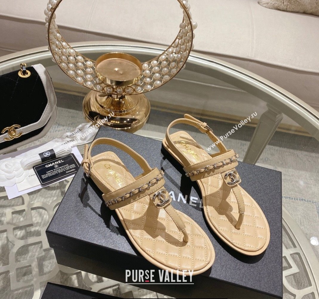 Chanel Lambskin CC Logo Chain Thong Sandals Beige 2024 (modeng-24011839)