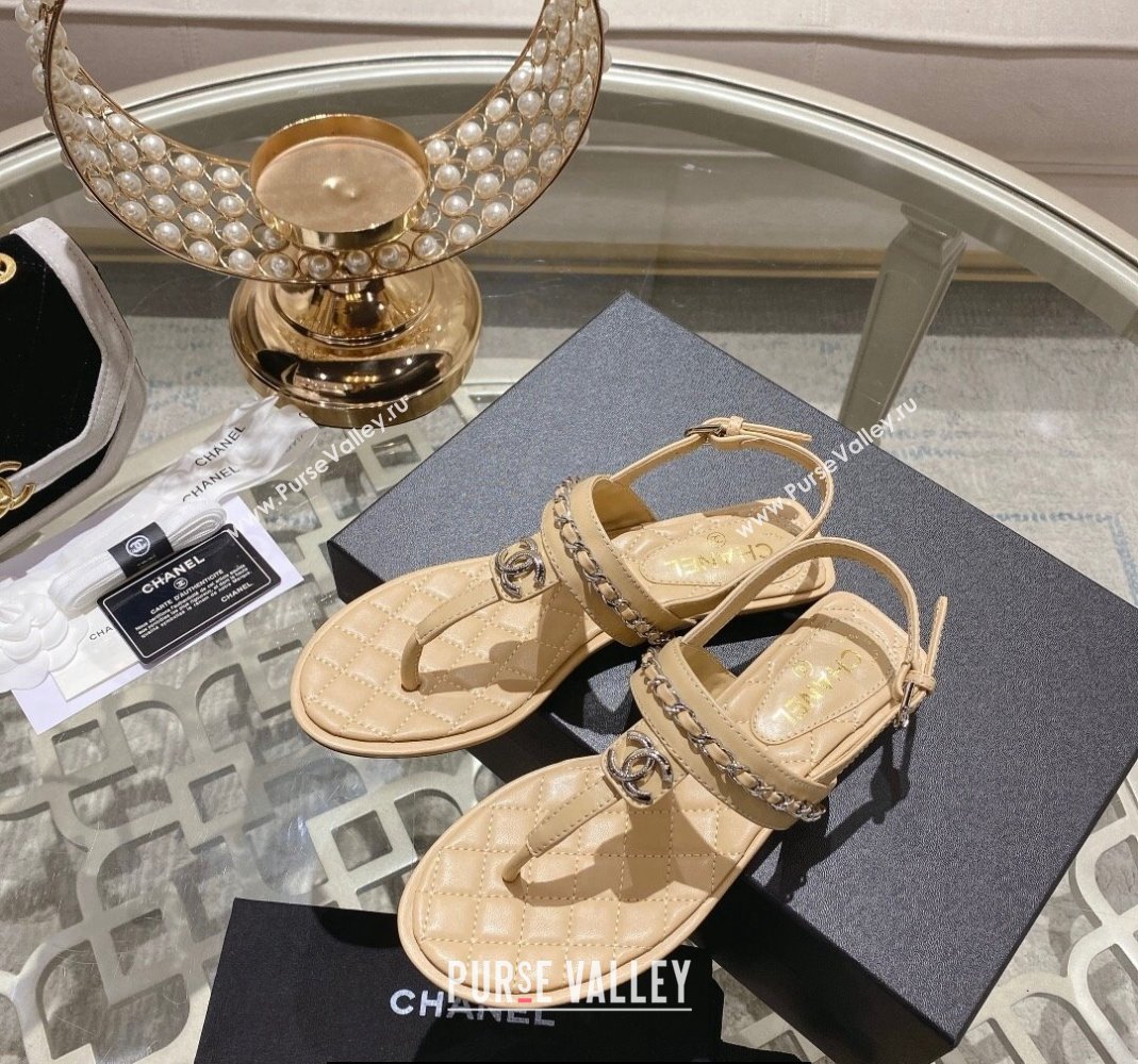 Chanel Lambskin CC Logo Chain Thong Sandals Beige 2024 (modeng-24011839)