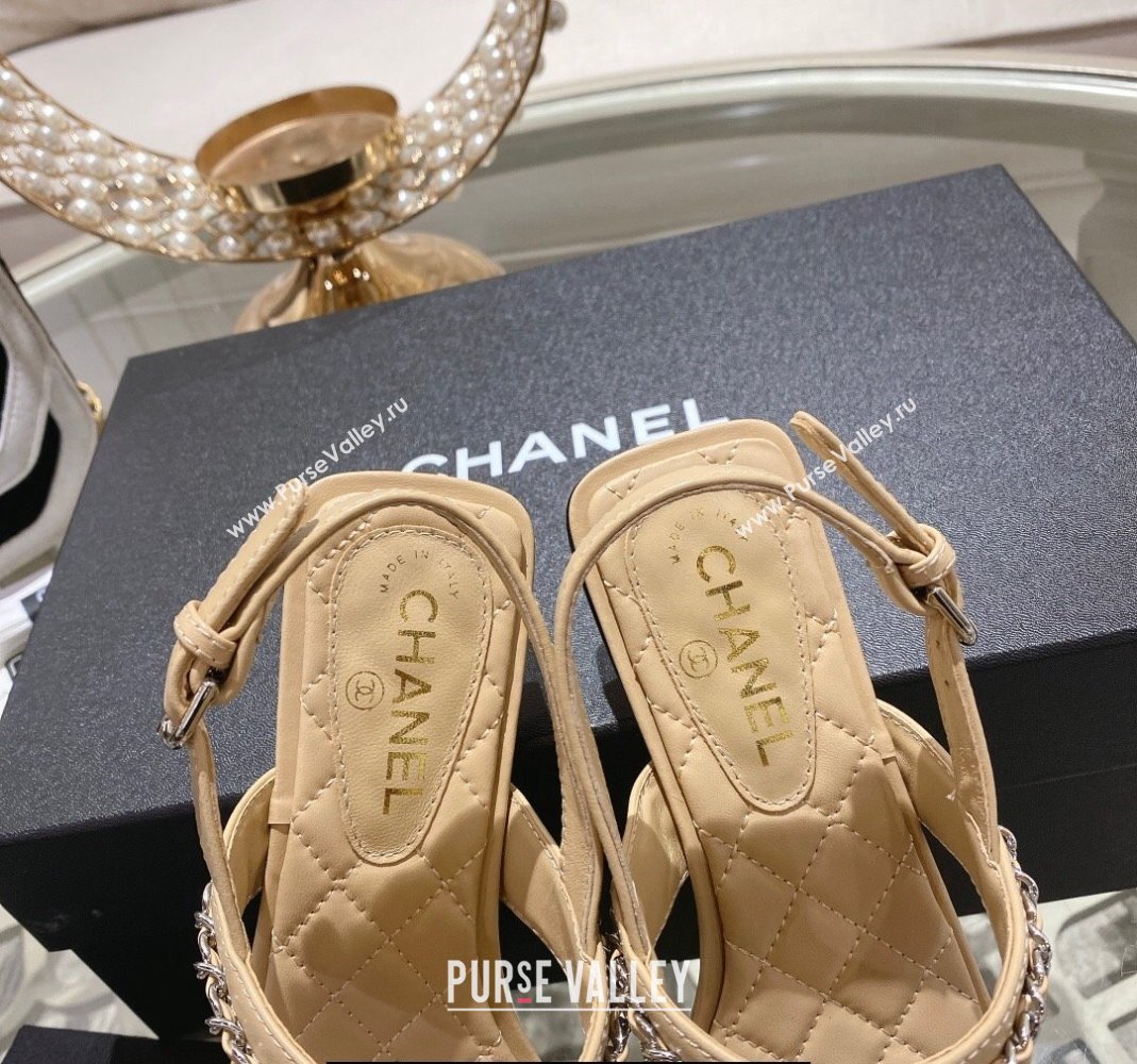 Chanel Lambskin CC Logo Chain Thong Sandals Beige 2024 (modeng-24011839)