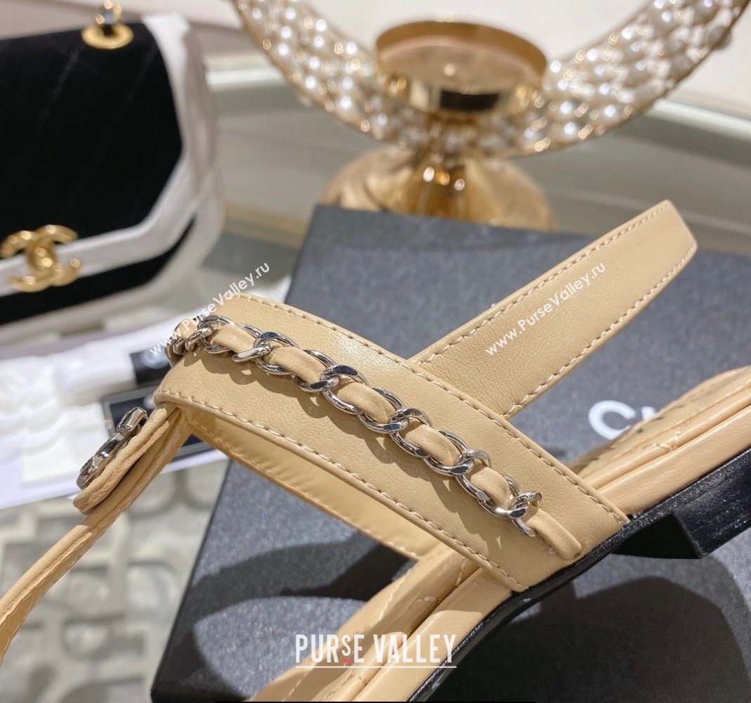 Chanel Lambskin CC Logo Chain Thong Sandals Beige 2024 (modeng-24011839)