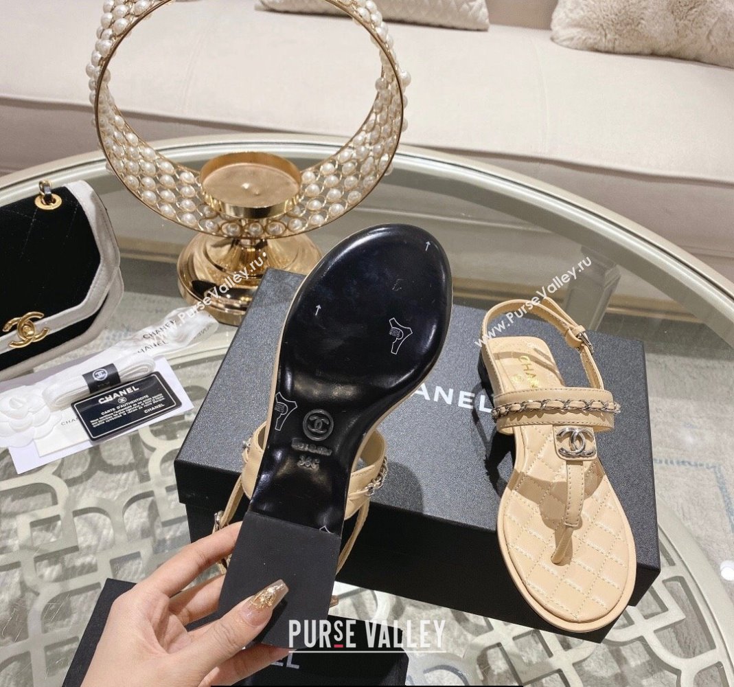 Chanel Lambskin CC Logo Chain Thong Sandals Beige 2024 (modeng-24011839)