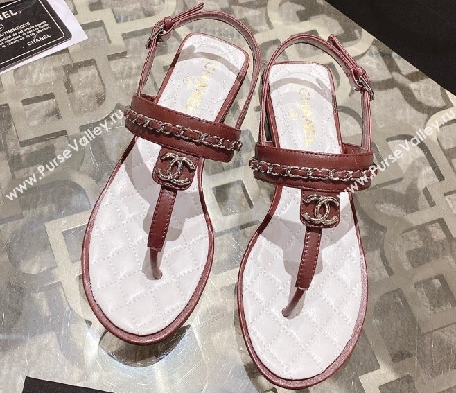 Chanel Lambskin CC Logo Chain Thong Sandals Brown 2024 (modeng-24011840)