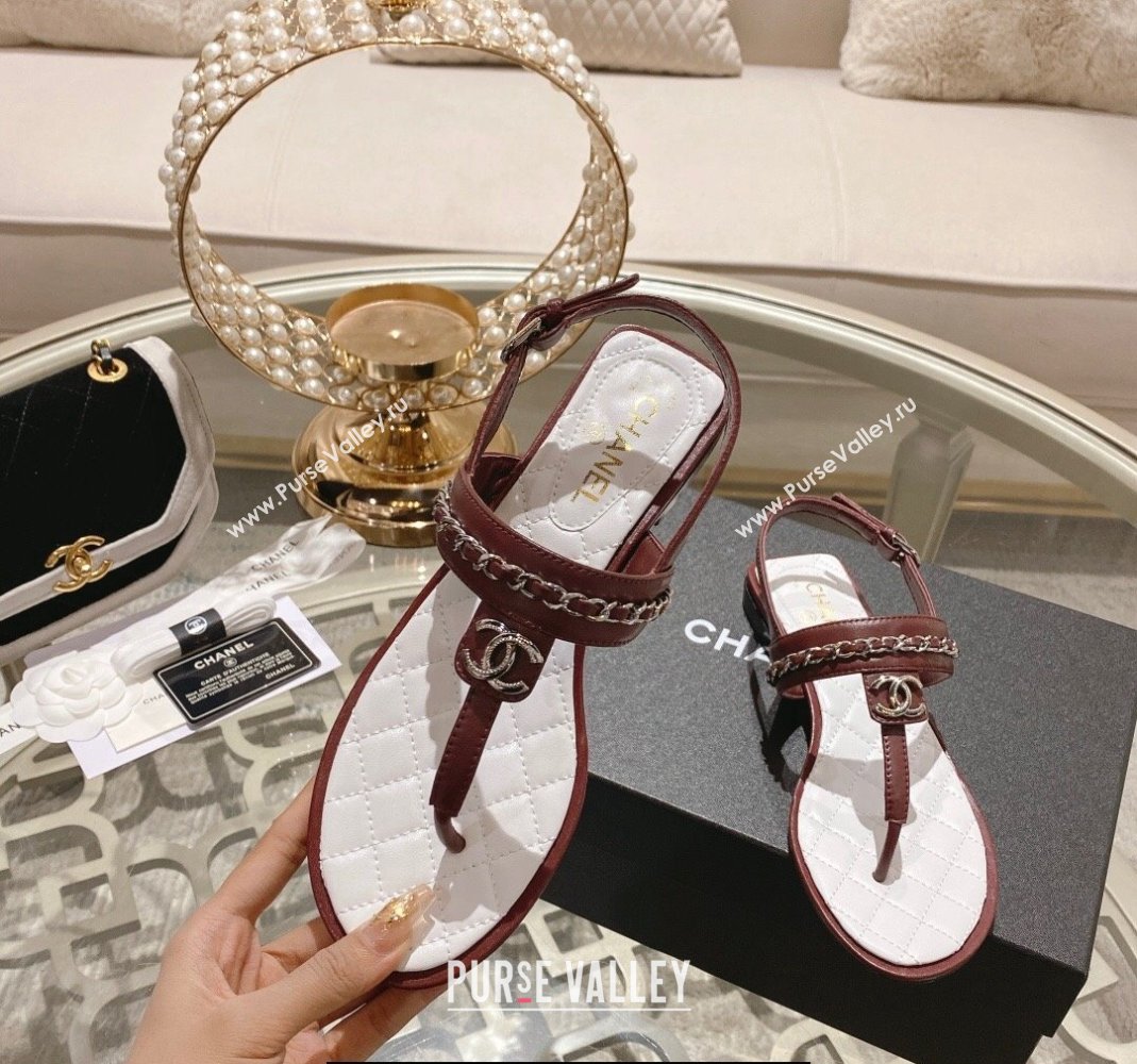 Chanel Lambskin CC Logo Chain Thong Sandals Brown 2024 (modeng-24011840)