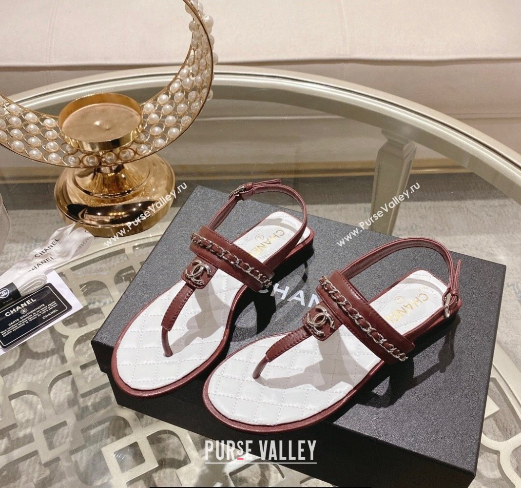 Chanel Lambskin CC Logo Chain Thong Sandals Brown 2024 (modeng-24011840)