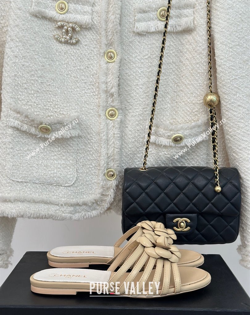 Chanel Lambskin tubular Mules with Camellia Beige 2024 (modeng-24011830)