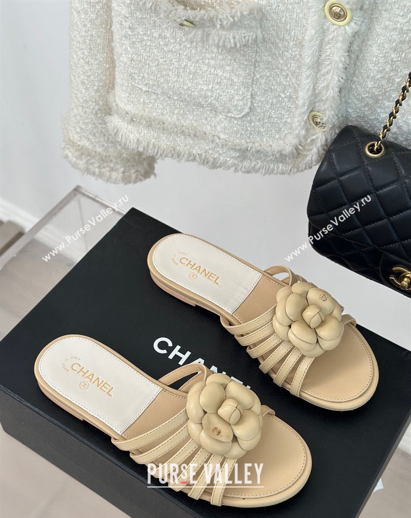 Chanel Lambskin tubular Mules with Camellia Beige 2024 (modeng-24011830)