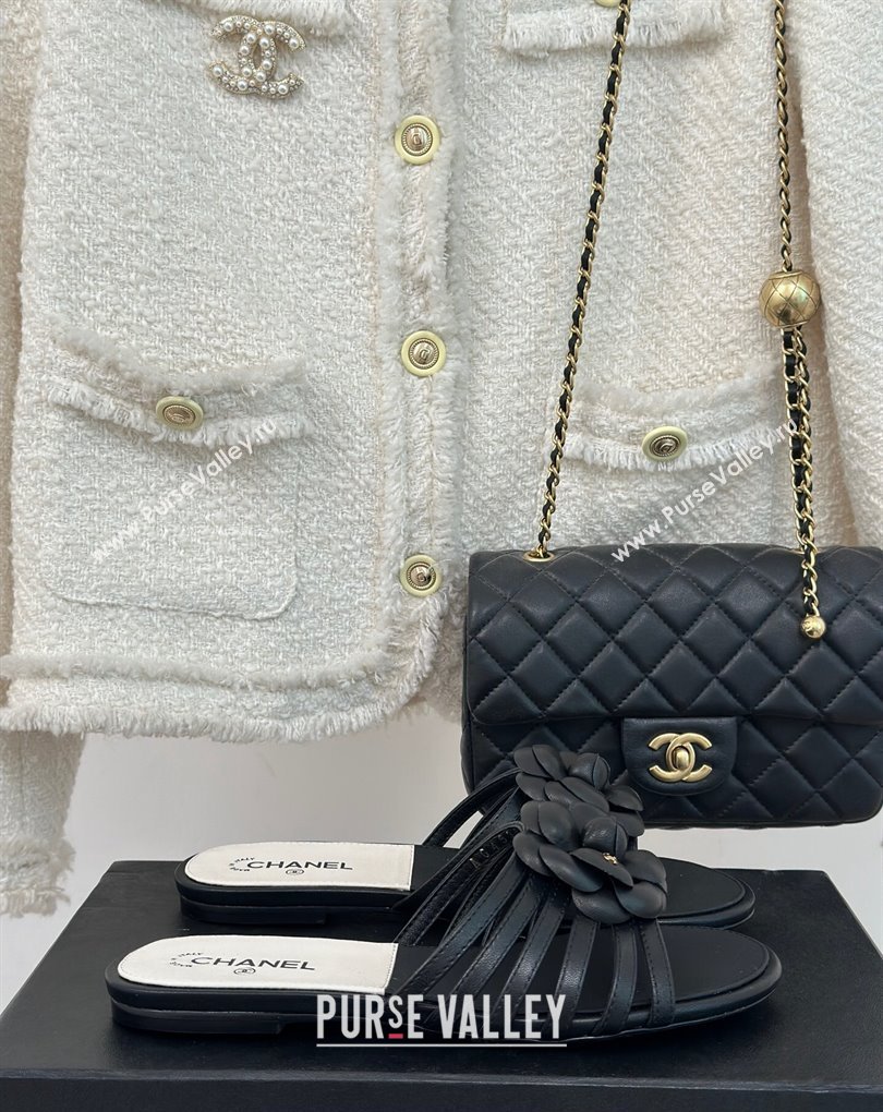 Chanel Lambskin tubular Mules with Camellia Black 2024 (modeng-24011828)