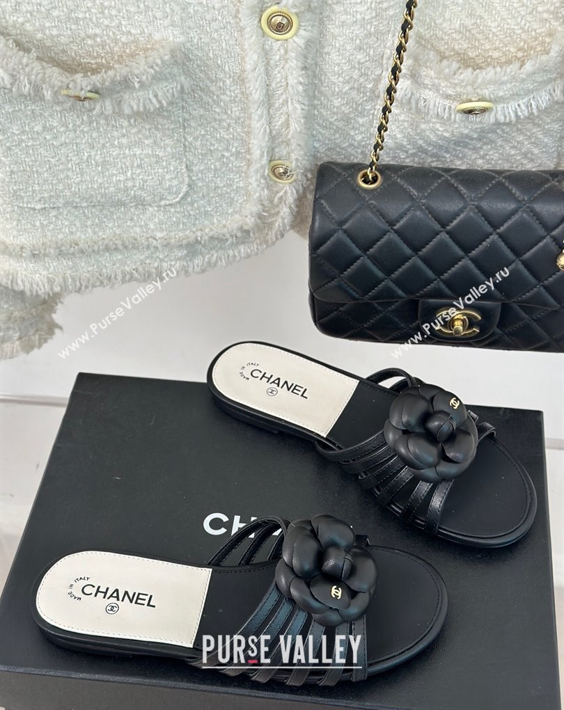 Chanel Lambskin tubular Mules with Camellia Black 2024 (modeng-24011828)