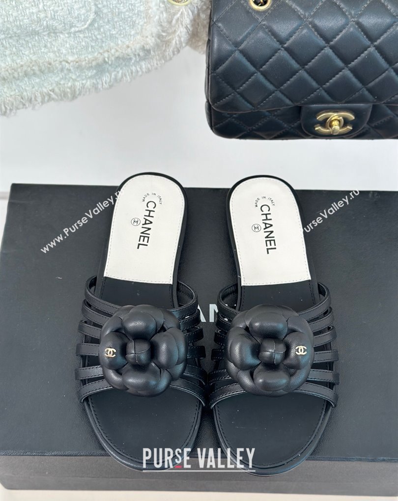 Chanel Lambskin tubular Mules with Camellia Black 2024 (modeng-24011828)