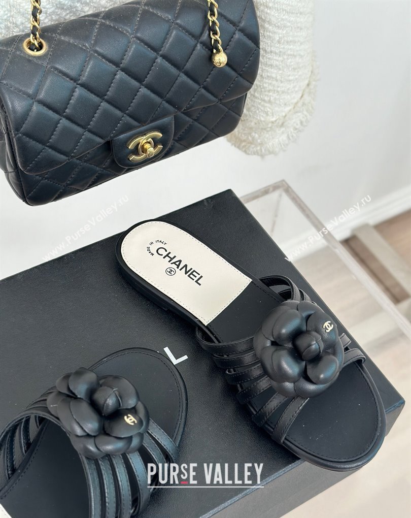 Chanel Lambskin tubular Mules with Camellia Black 2024 (modeng-24011828)