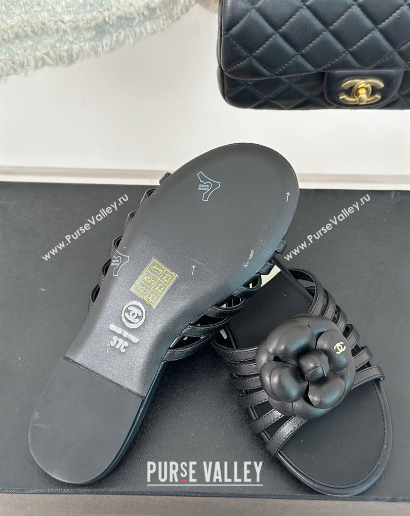 Chanel Lambskin tubular Mules with Camellia Black 2024 (modeng-24011828)