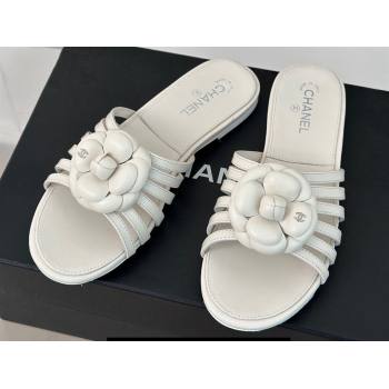 Chanel Lambskin tubular Mules with Camellia White 2024 (modeng-24011829)