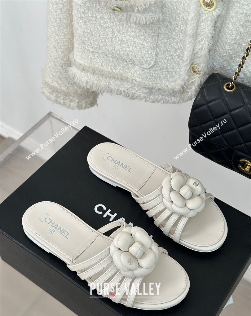 Chanel Lambskin tubular Mules with Camellia White 2024 (modeng-24011829)