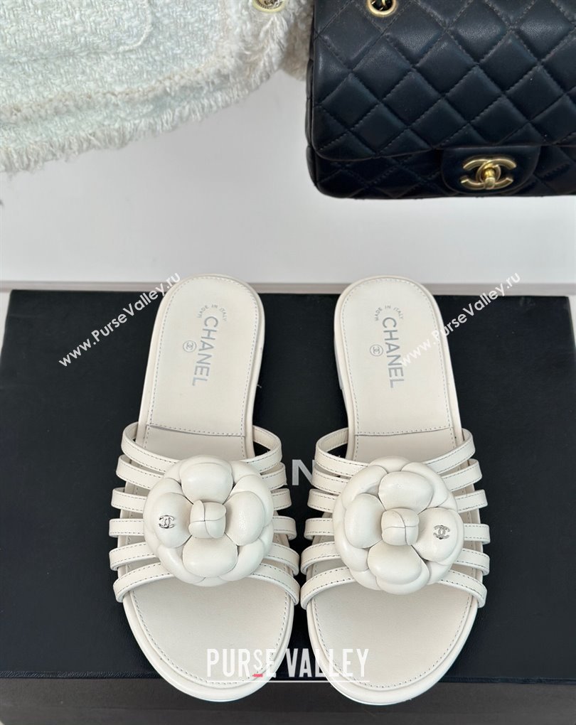 Chanel Lambskin tubular Mules with Camellia White 2024 (modeng-24011829)