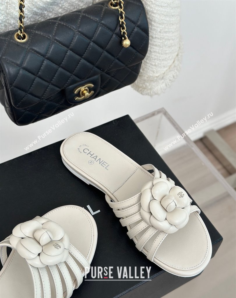 Chanel Lambskin tubular Mules with Camellia White 2024 (modeng-24011829)