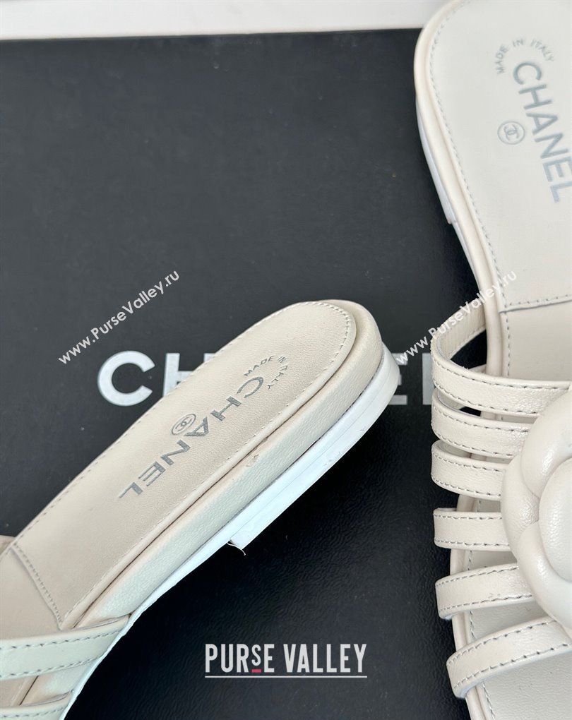 Chanel Lambskin tubular Mules with Camellia White 2024 (modeng-24011829)