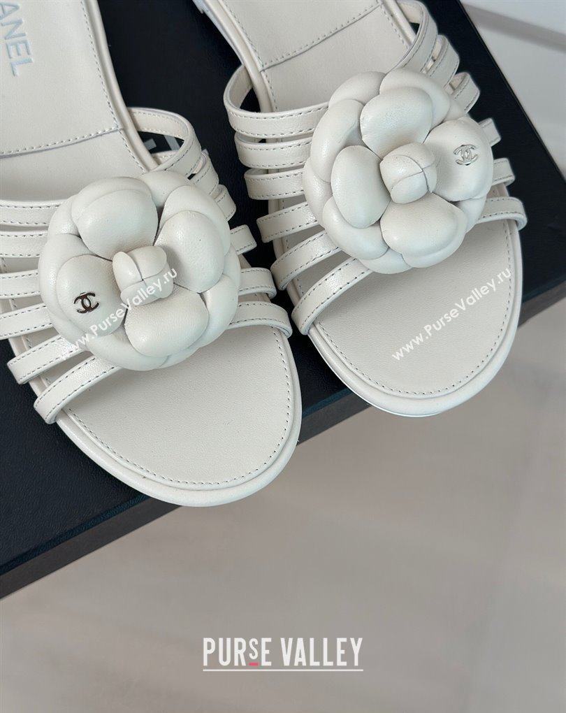 Chanel Lambskin tubular Mules with Camellia White 2024 (modeng-24011829)