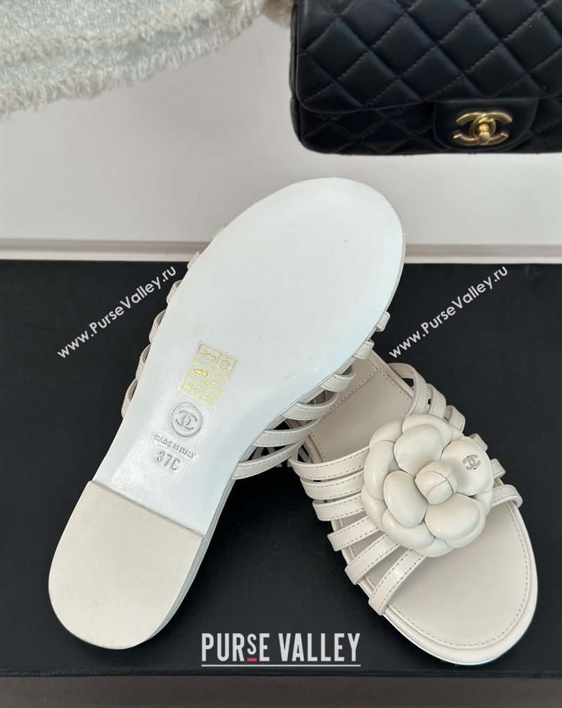 Chanel Lambskin tubular Mules with Camellia White 2024 (modeng-24011829)