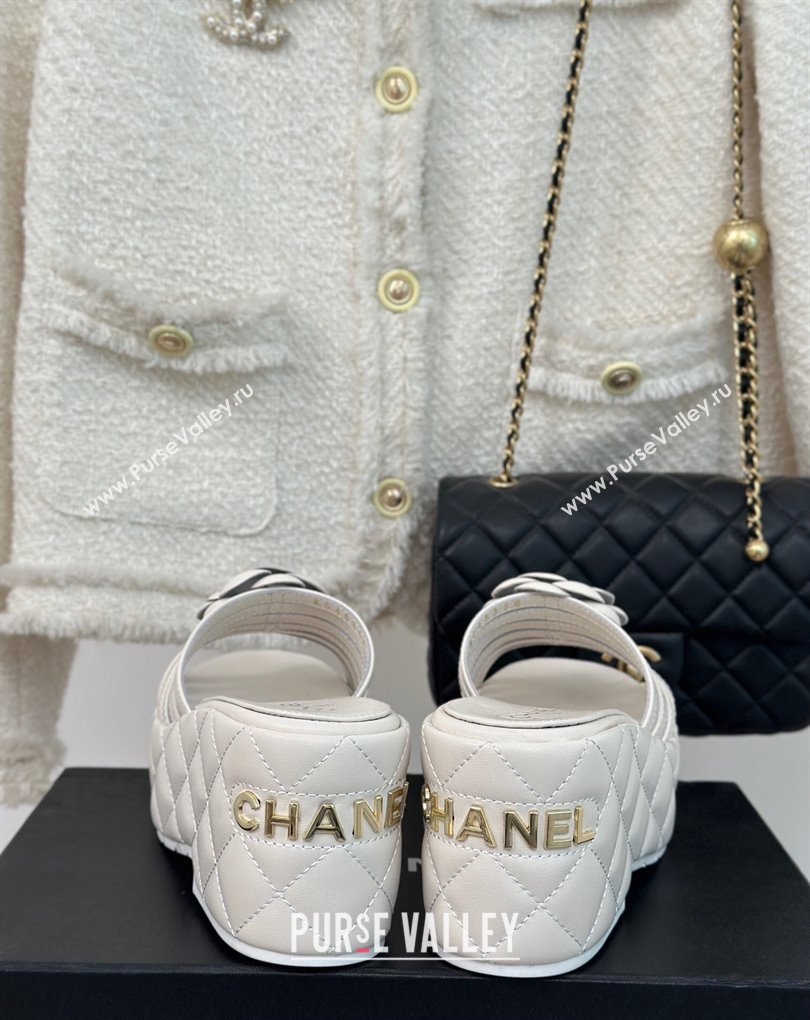 Chanel Lambskin tubular Platform Mules with Camellia White 2024 (modeng-24011826)