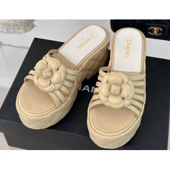 Chanel Lambskin tubular Platform Mules with Camellia Beige 2024 (modeng-24011827)