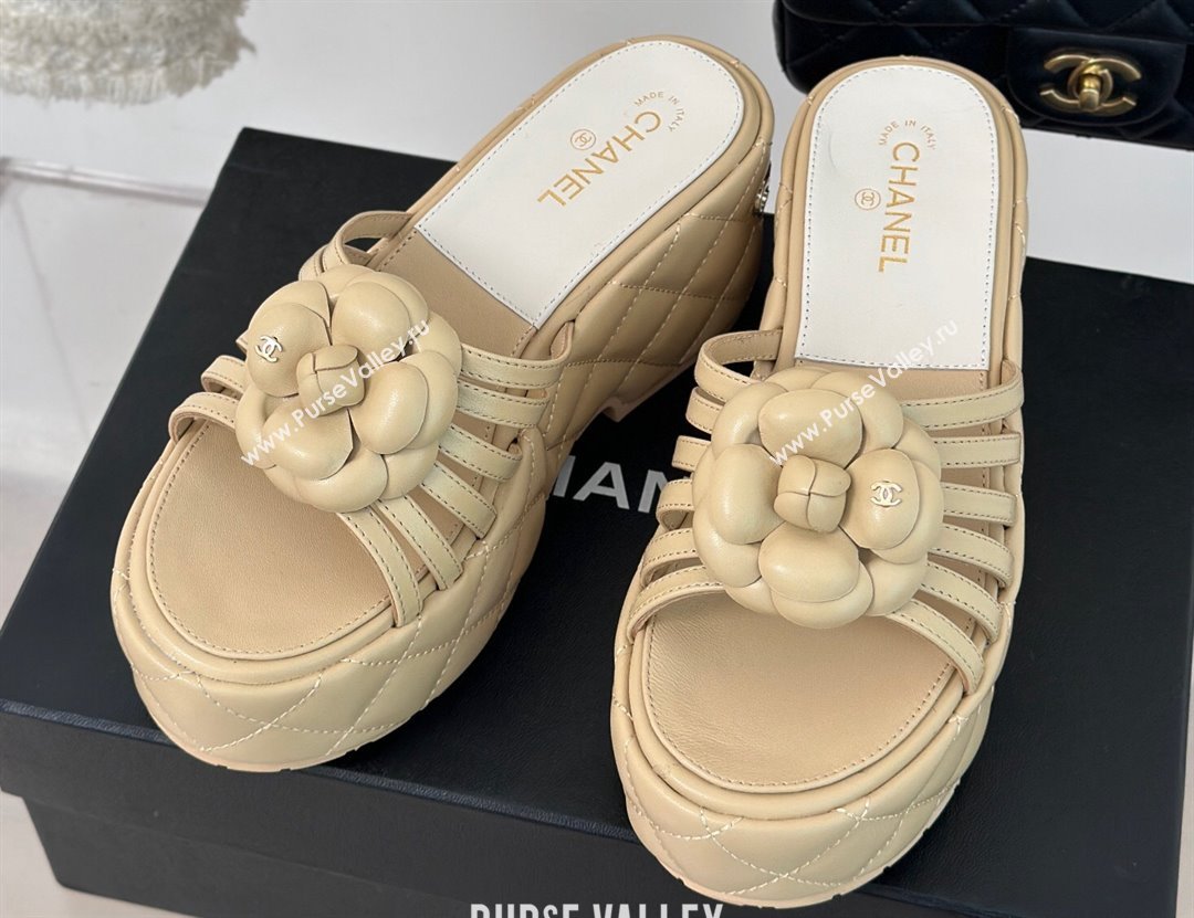 Chanel Lambskin tubular Platform Mules with Camellia Beige 2024 (modeng-24011827)