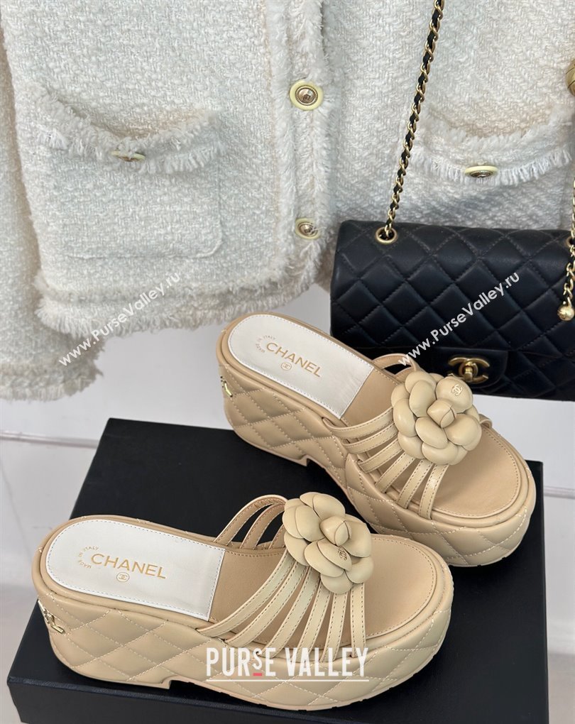 Chanel Lambskin tubular Platform Mules with Camellia Beige 2024 (modeng-24011827)