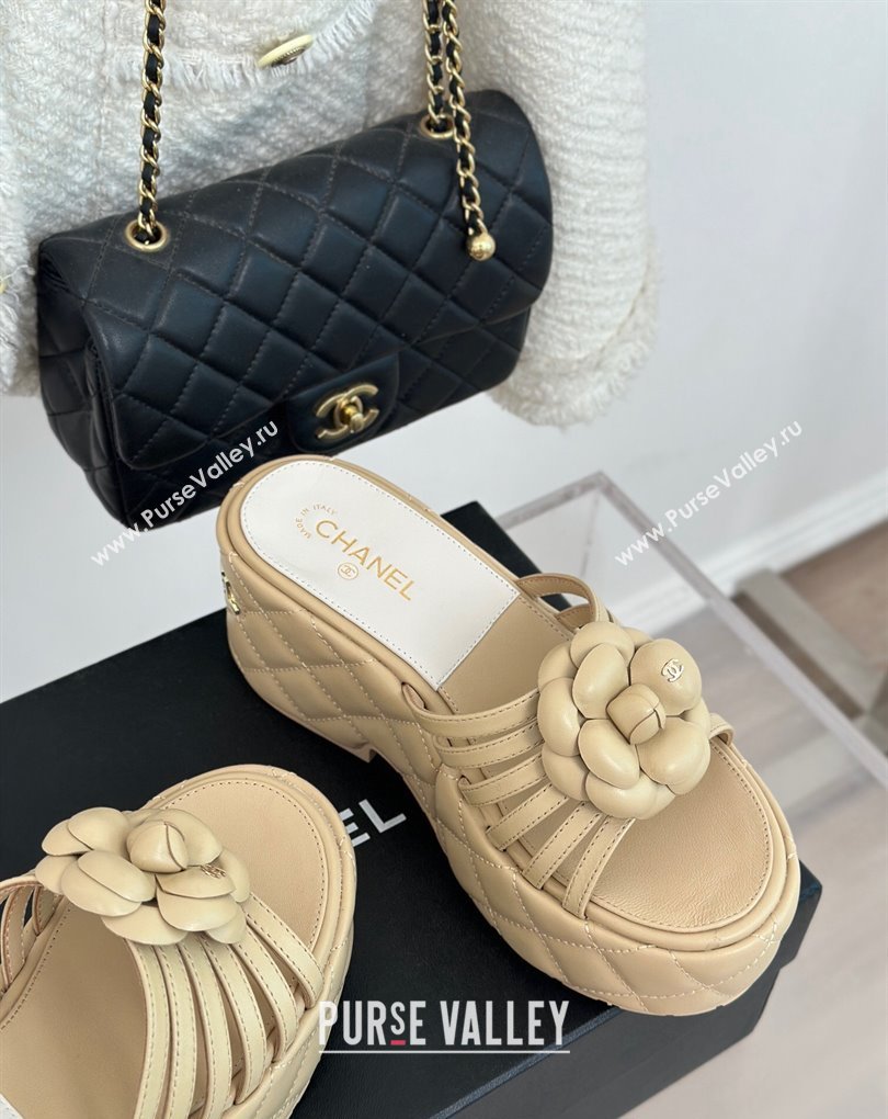 Chanel Lambskin tubular Platform Mules with Camellia Beige 2024 (modeng-24011827)