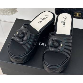 Chanel Lambskin tubular Platform Mules with Camellia Black 2024 (modeng-24011825)