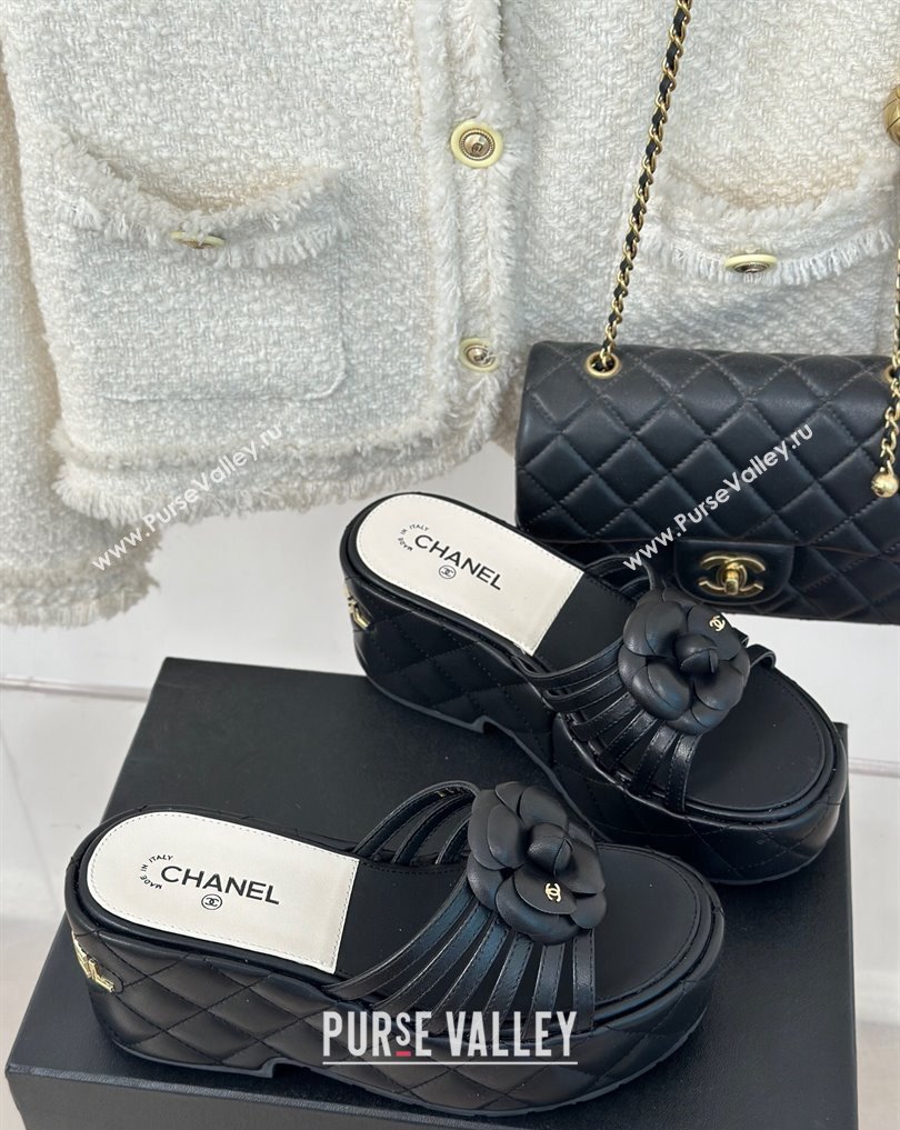 Chanel Lambskin tubular Platform Mules with Camellia Black 2024 (modeng-24011825)