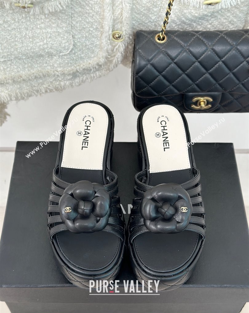 Chanel Lambskin tubular Platform Mules with Camellia Black 2024 (modeng-24011825)