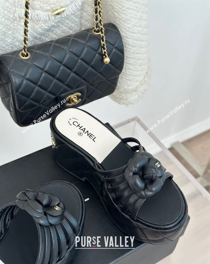 Chanel Lambskin tubular Platform Mules with Camellia Black 2024 (modeng-24011825)