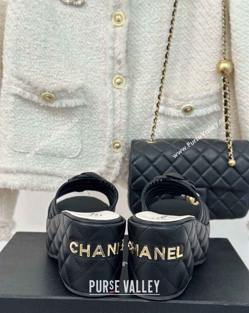 Chanel Lambskin tubular Platform Mules with Camellia Black 2024 (modeng-24011825)