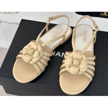 Chanel Lambskin tubular Sandals with Camellia Beige 2024 (modeng-24011824)