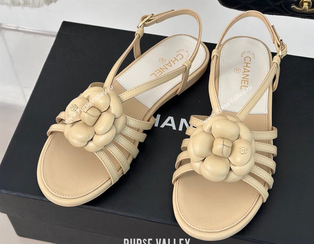 Chanel Lambskin tubular Sandals with Camellia Beige 2024 (modeng-24011824)